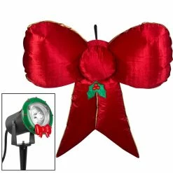 Gemmy Airblown Mixed Media Hanging Velvet Bow, Red/Gold with External Spotlight