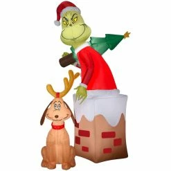 Gemmy Airblown Inflatable Grinch in Chimney with Max Scene, From the Mind of Dr. Seuss