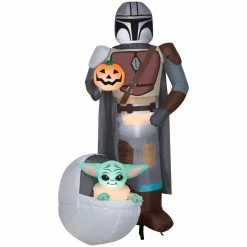 New! Gemmy Airblown Inflatable Star Wars The Mandalorian The Child with Pumpkin Scene